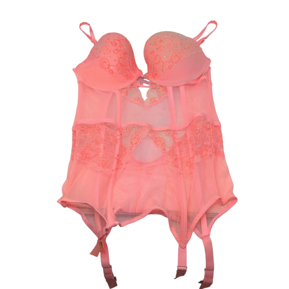 Victoria’s Secret Rhinestone Corset Bustier Bright Coral 36C Garter Straps - Picture 1 of 6
